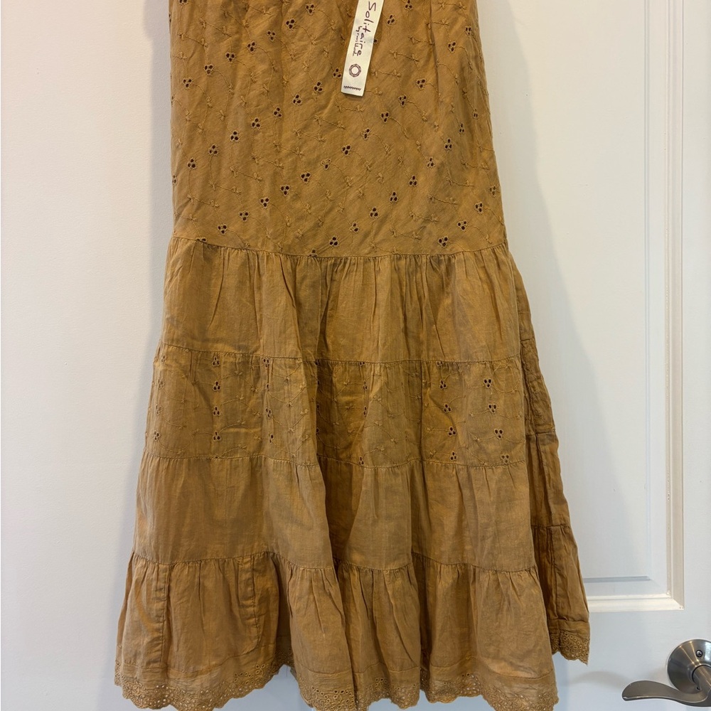 NWT Solitaire Women’s Medium Mustard Yellow Tiered Eyelet Cotton Maxi Skirt Boho
